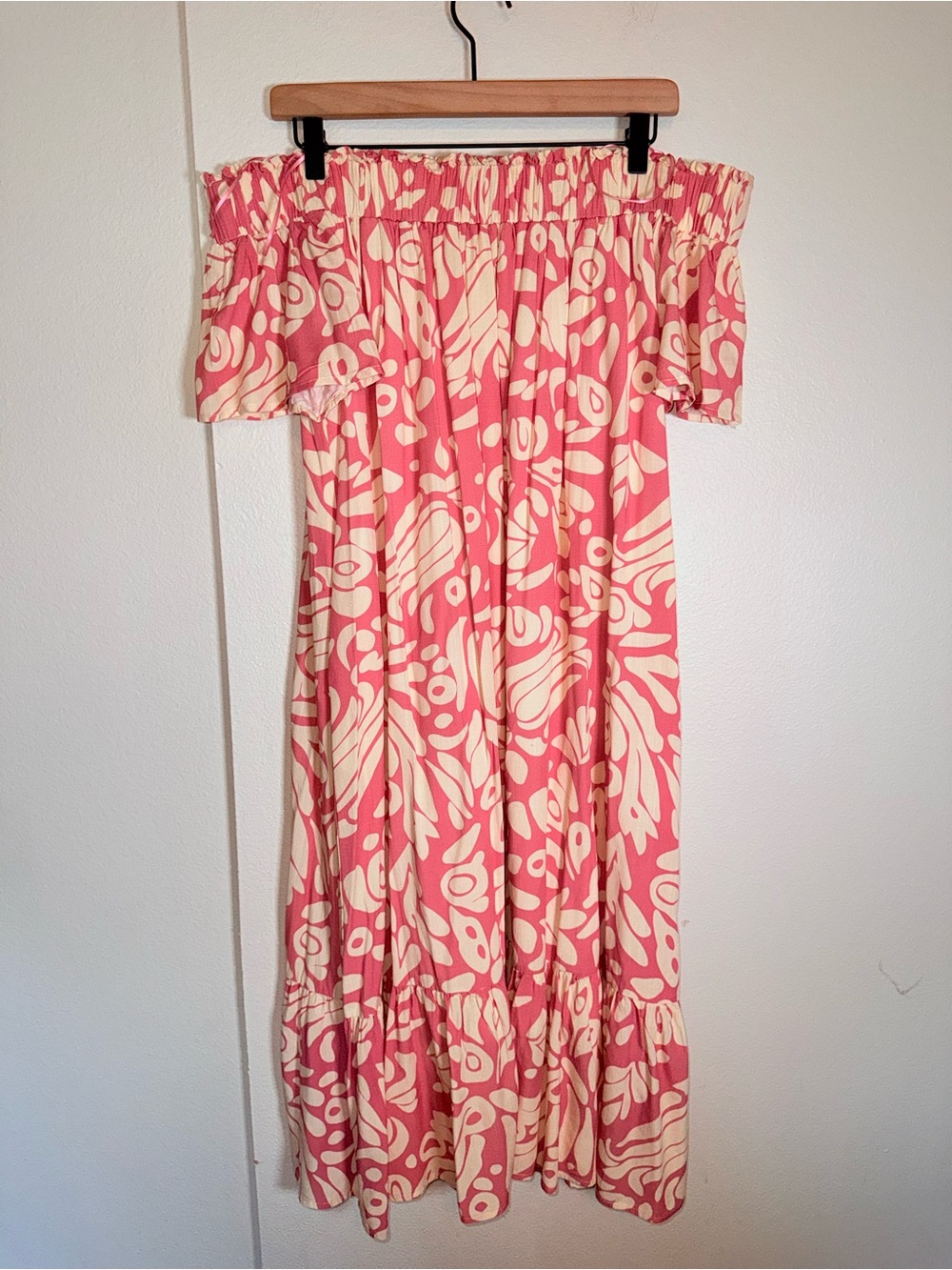 LA FEBRUARY pink floral off shoulder ruffle hemline midi wedding guest dress S